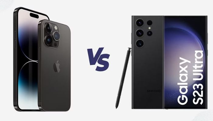 Price: Apple iPhone 15 Pro Max: ₹1,59,900 Samsung Galaxy S23 Ultra: ₹69,304 Launch Date: Apple iPhone 15 Pro Max: September 2023 Samsung Galaxy S23 Ultra: February 1, 2023 Brand and Model: Apple iPhone 15 Pro Max is by Apple. Samsung Galaxy S23 Ultra is by Samsung. Operating System: Apple iPhone 15 Pro Max runs iOS v17. Samsung Galaxy S23 Ultra operates on Android v13. Sim Slots: Both phones have dual SIM slots that support GSM+GSM. The iPhone uses a Nano SIM and an eSIM, while the Samsung uses two Nano SIMs. Network Support: Both phones support 5G and 4G in India, as well as 3G and 2G. Rear Camera Setup: iPhone 15 Pro Max features a triple rear camera setup. Samsung Galaxy S23 Ultra offers an advanced camera system with a 200 MP primary camera. Front Camera Setup: iPhone 15 Pro Max has a single 12 MP front camera. Samsung Galaxy S23 Ultra comes with a 12 MP wide-angle front camera. Display Size: iPhone 15 Pro Max sports a 6.7-inch display. Samsung Galaxy S23 Ultra has a slightly larger 6.8-inch display. Display Resolution: The iPhone's display has a resolution of 2796 x 1290 pixels. The Samsung's display offers a higher resolution of 3088 x 1440 pixels. Pixel Density: iPhone 15 Pro Max has a pixel density of 460 ppi. Samsung Galaxy S23 Ultra boasts a higher pixel density of 500 ppi. Performance: iPhone 15 Pro Max is powered by the Apple A17 Bionic chip. Samsung Galaxy S23 Ultra is equipped with the Qualcomm Snapdragon 8 Gen 2 chipset. RAM and Internal Storage: iPhone 15 Pro Max has 6 GB of RAM and 256 GB of internal storage. Samsung Galaxy S23 Ultra offers 8 GB of RAM and 256 GB of internal storage. Battery Capacity: iPhone 15 Pro Max packs a 4852 mAh battery. Samsung Galaxy S23 Ultra comes with a slightly larger 5000 mAh battery. Weight: iPhone 15 Pro Max weighs 221 grams. Samsung Galaxy S23 Ultra is slightly heavier at 234 grams. Colors: iPhone 15 Pro Max is available in Black Titanium, White Titanium, Blue Titanium, and Natural Titanium. Samsung Galaxy S23 Ultra offers a range of colors including Phantom Black, Graphite, Sky Blue, Green, Red, Lime, Cream, and Lavender. Display Type: iPhone 15 Pro Max features a Super Retina XDR OLED display. Samsung Galaxy S23 Ultra boasts a QHD+ Edge Dynamic AMOLED 2X display. Wi-Fi: iPhone 15 Pro Max supports Wi-Fi 6E (802.11ax) with 2x2 MIMO. Samsung Galaxy S23 Ultra uses 802.11 a/b/g/n/ac/ax (2.4 GHz, 5 GHz, 6 GHz) for Wi-Fi. Bluetooth: Both phones use Bluetooth v5.3. GPS: Both phones support GPS with A-GPS and Glonass. NFC: Both phones have NFC capabilities. USB Connectivity: Both phones support mass storage device mode and USB charging. Warranty: Both phones come with a 1-year manufacturer warranty. Other Sensors: iPhone 15 Pro Max features a LiDAR scanner, barometer, high dynamic range gyro, high-g accelerometer, proximity sensor, and dual ambient light sensors. Samsung Galaxy S23 Ultra offers sensors including an accelerometer, barometer, gyro sensor, geomagnetic sensor, hall sensor, light sensor, and proximity sensor. Country Of Origin: The iPhone is assembled in India. The Samsung Galaxy S23 Ultra is manufactured in India and South Korea. Manufacturer and Importer: iPhone 15 Pro Max is manufactured by Apple Inc. and imported by Apple India Private Limited. Samsung Galaxy S23 Ultra is manufactured by Samsung India Electronics Pvt. Ltd. and imported by the same company.